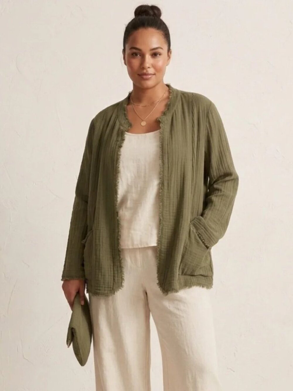 J. Jill Cotton Gauze Olive Open Blazer Jacket Pockets Size M